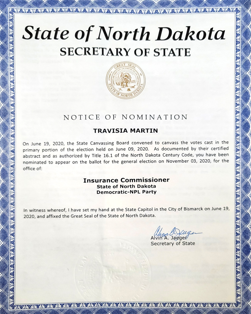 Travisia Martin nomination certificate